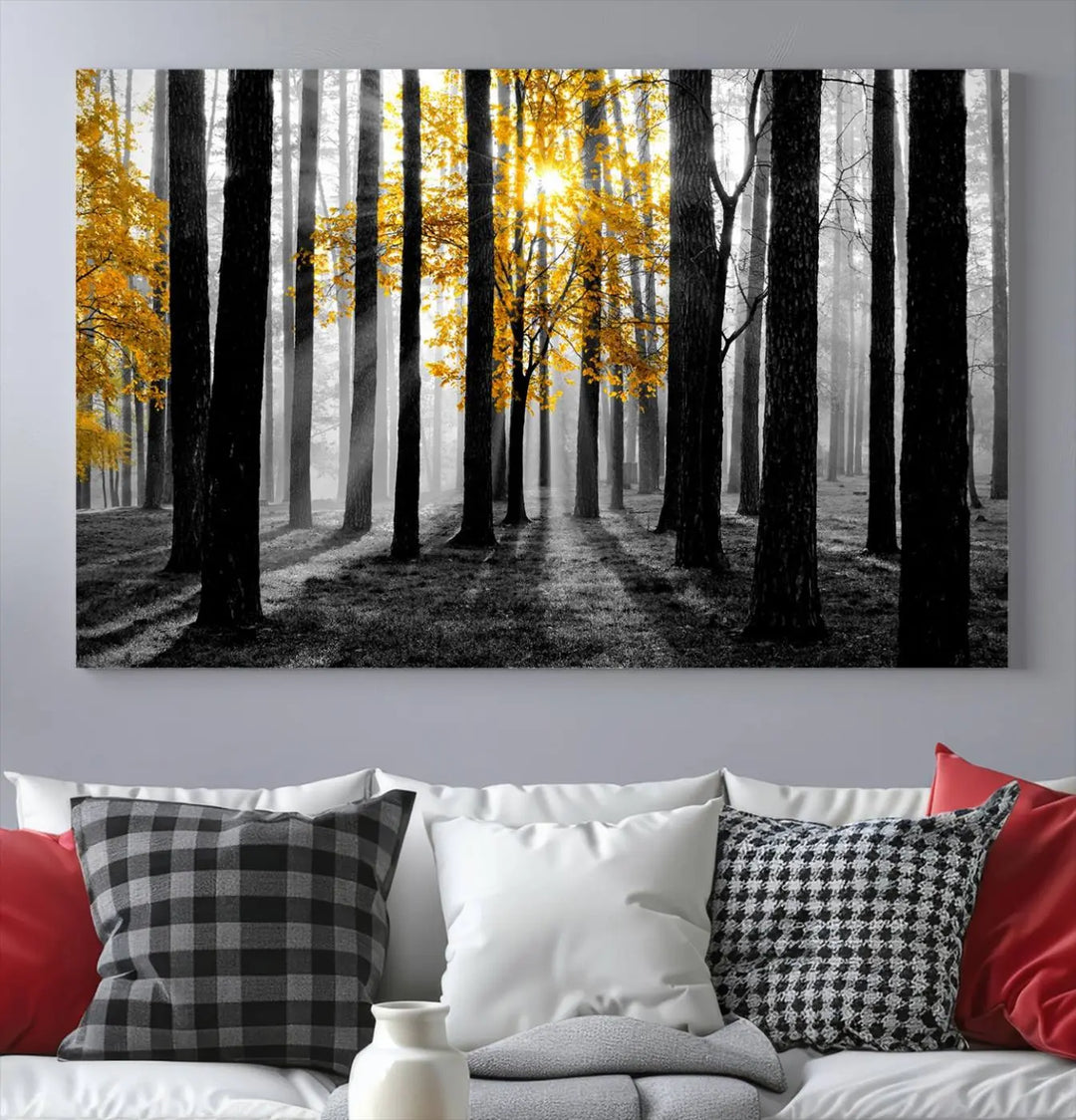 The living room features the "Nature Misty Foggy Autumn Forest" wall art on museum-quality canvas, highlighting the space with its captivating imagery.