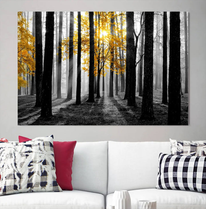 The living room features the "Nature Misty Foggy Autumn Forest" wall art on museum-quality canvas, highlighting the space with its captivating imagery.