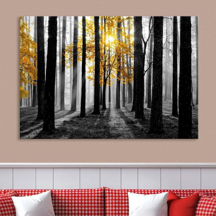 The living room features the "Nature Misty Foggy Autumn Forest" wall art on museum-quality canvas, highlighting the space with its captivating imagery.