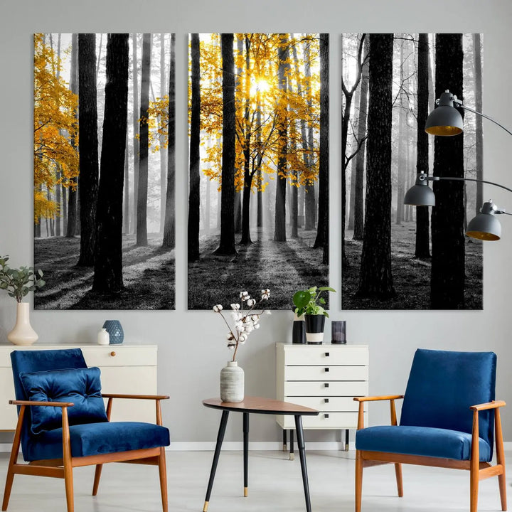 The living room features the "Nature Misty Foggy Autumn Forest" wall art on museum-quality canvas, highlighting the space with its captivating imagery.