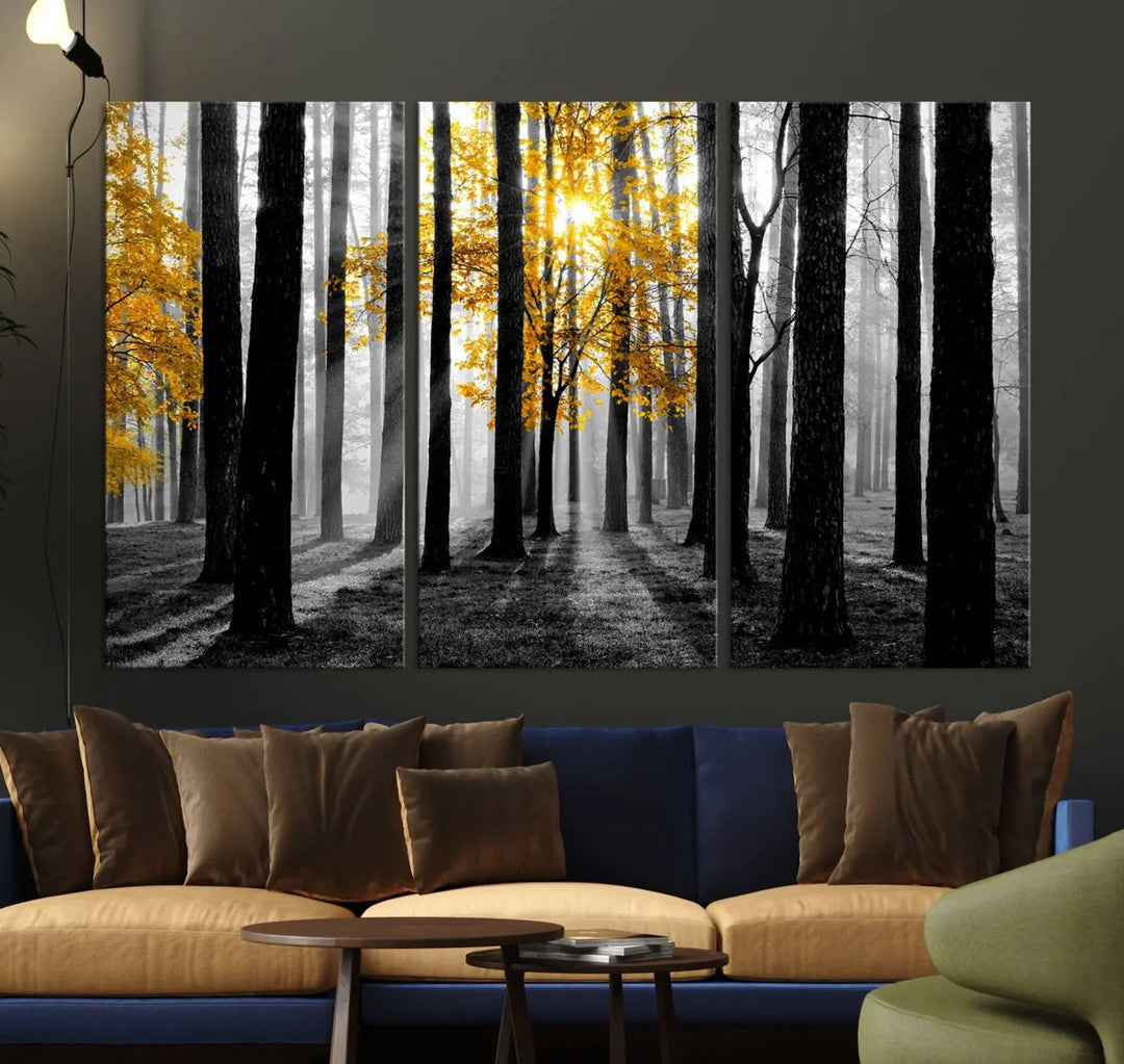 The living room features the "Nature Misty Foggy Autumn Forest" wall art on museum-quality canvas, highlighting the space with its captivating imagery.