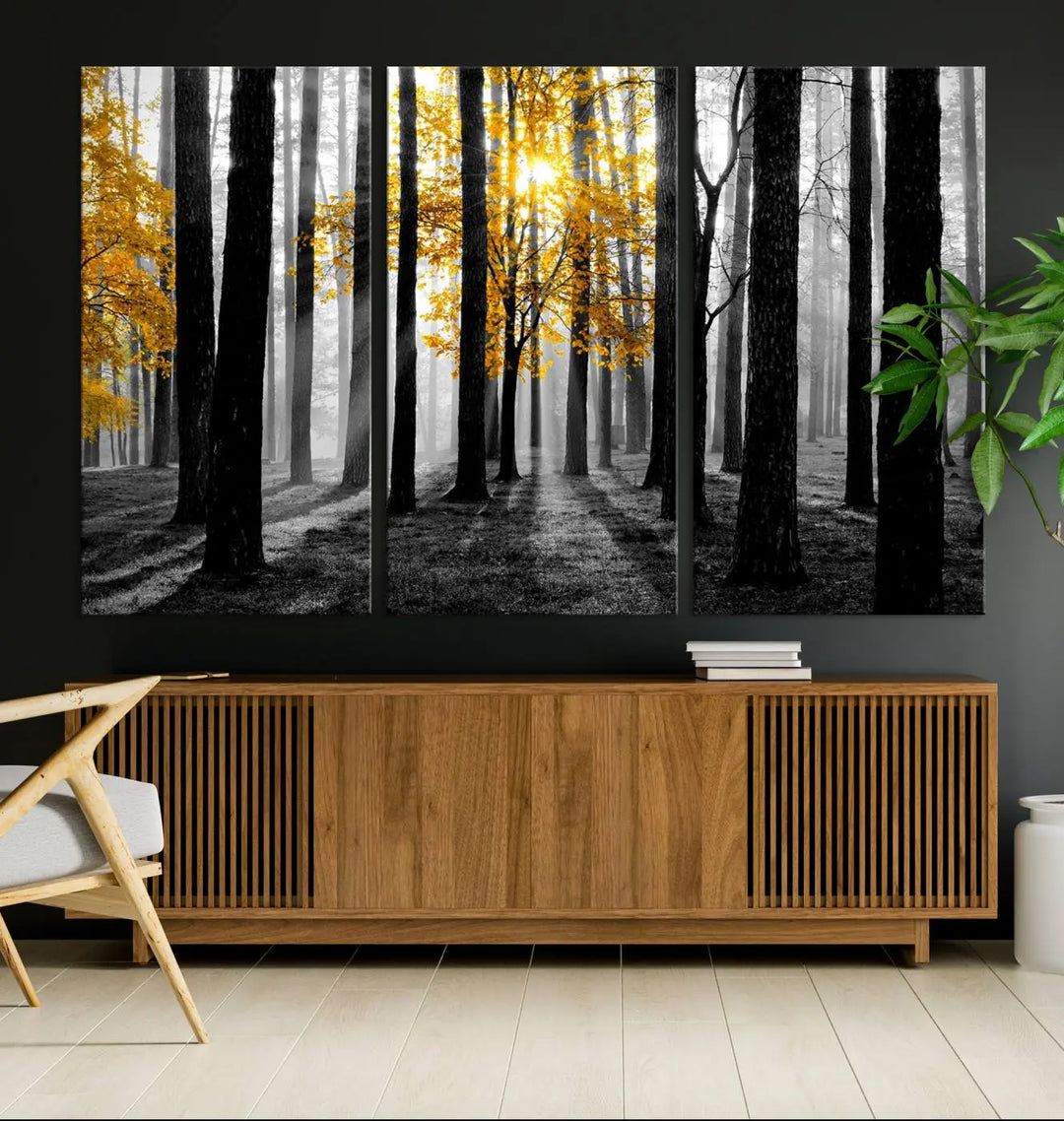 The living room features the "Nature Misty Foggy Autumn Forest" wall art on museum-quality canvas, highlighting the space with its captivating imagery.