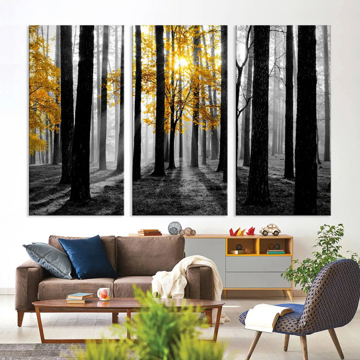 The living room features the "Nature Misty Foggy Autumn Forest" wall art on museum-quality canvas, highlighting the space with its captivating imagery.