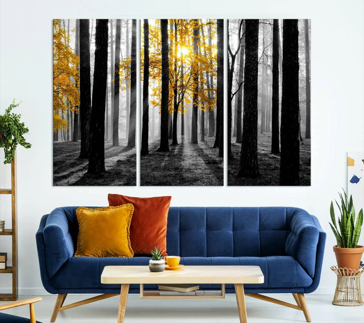 The living room features the "Nature Misty Foggy Autumn Forest" wall art on museum-quality canvas, highlighting the space with its captivating imagery.