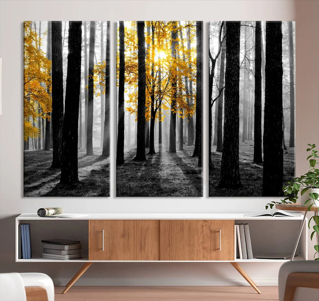 The living room features the "Nature Misty Foggy Autumn Forest" wall art on museum-quality canvas, highlighting the space with its captivating imagery.