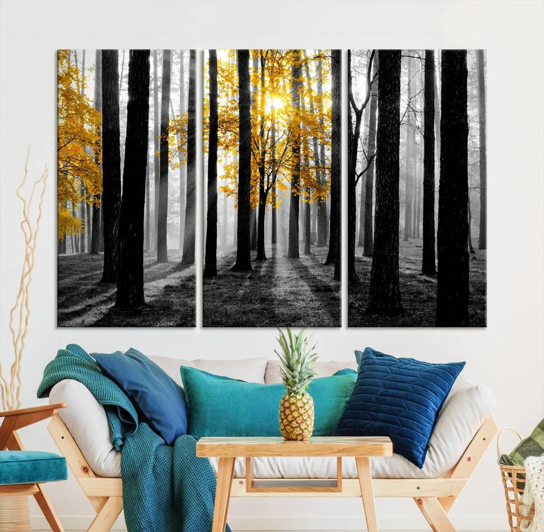 The living room features the "Nature Misty Foggy Autumn Forest" wall art on museum-quality canvas, highlighting the space with its captivating imagery.