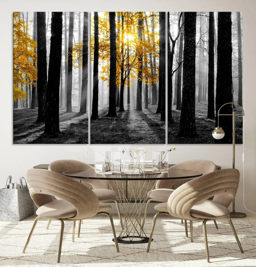 The living room features the "Nature Misty Foggy Autumn Forest" wall art on museum-quality canvas, highlighting the space with its captivating imagery.