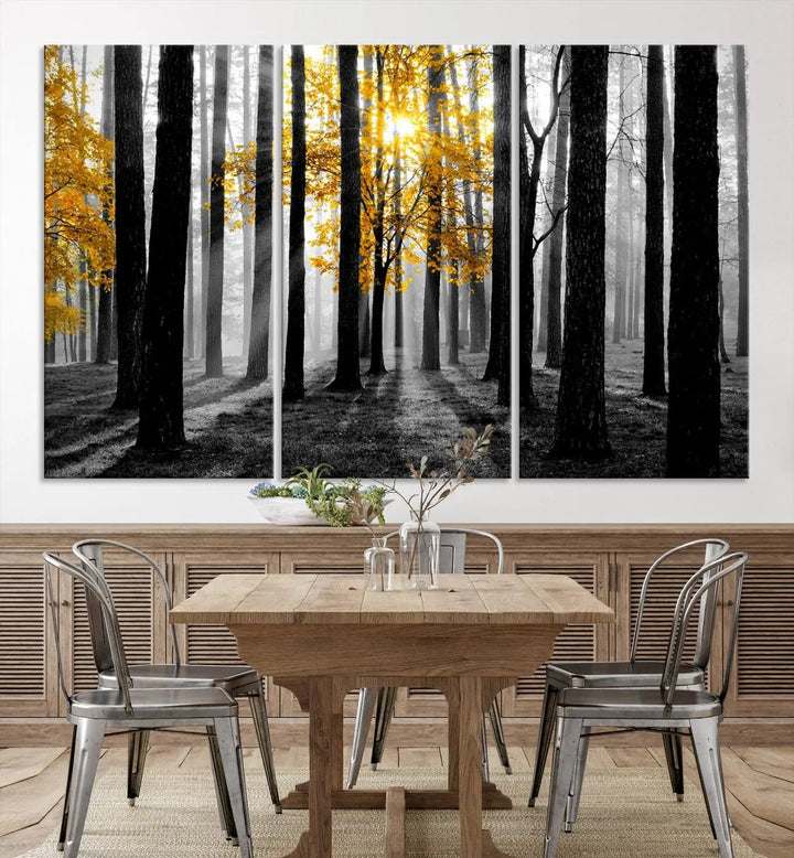 The living room features the "Nature Misty Foggy Autumn Forest" wall art on museum-quality canvas, highlighting the space with its captivating imagery.