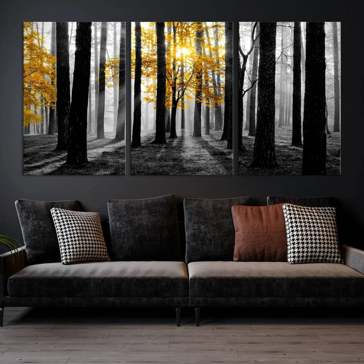 The living room features the "Nature Misty Foggy Autumn Forest" wall art on museum-quality canvas, highlighting the space with its captivating imagery.