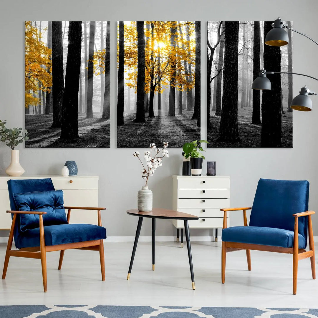 The living room features the "Nature Misty Foggy Autumn Forest" wall art on museum-quality canvas, highlighting the space with its captivating imagery.