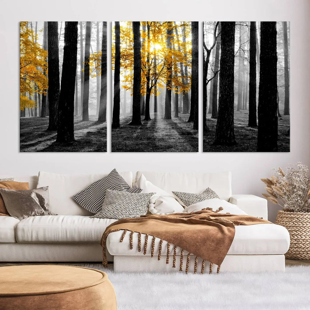 The living room features the "Nature Misty Foggy Autumn Forest" wall art on museum-quality canvas, highlighting the space with its captivating imagery.