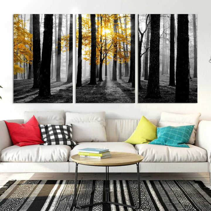 The living room features the "Nature Misty Foggy Autumn Forest" wall art on museum-quality canvas, highlighting the space with its captivating imagery.