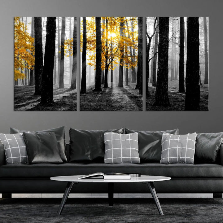 The living room features the "Nature Misty Foggy Autumn Forest" wall art on museum-quality canvas, highlighting the space with its captivating imagery.