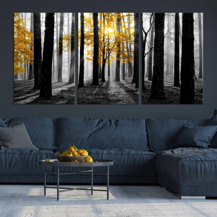 The living room features the "Nature Misty Foggy Autumn Forest" wall art on museum-quality canvas, highlighting the space with its captivating imagery.