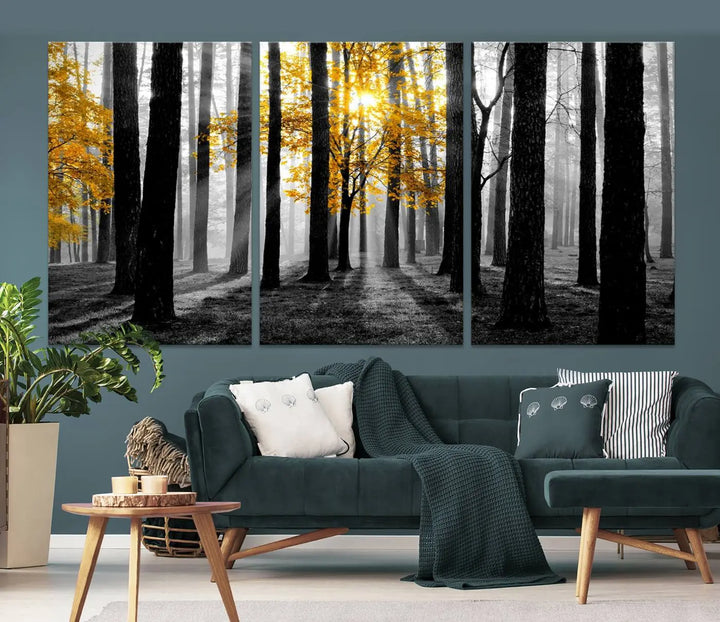 The living room features the "Nature Misty Foggy Autumn Forest" wall art on museum-quality canvas, highlighting the space with its captivating imagery.