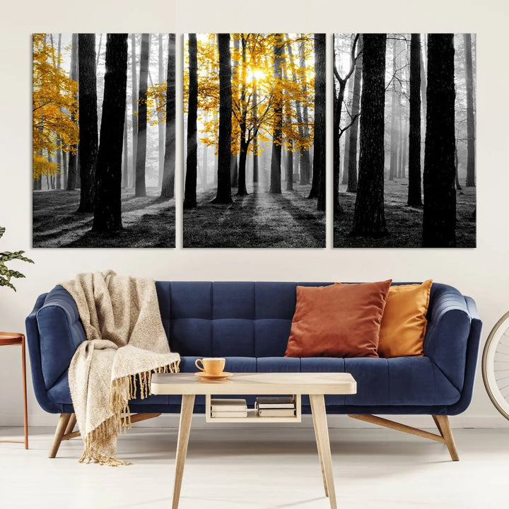 The living room features the "Nature Misty Foggy Autumn Forest" wall art on museum-quality canvas, highlighting the space with its captivating imagery.