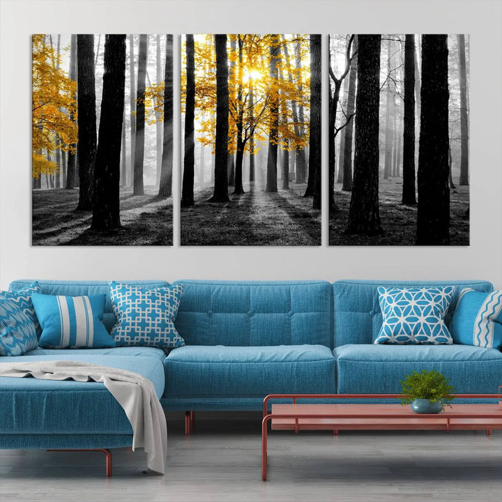 The living room features the "Nature Misty Foggy Autumn Forest" wall art on museum-quality canvas, highlighting the space with its captivating imagery.