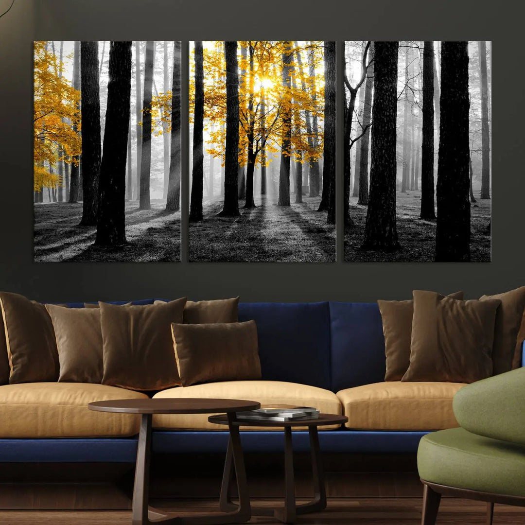 The living room features the "Nature Misty Foggy Autumn Forest" wall art on museum-quality canvas, highlighting the space with its captivating imagery.