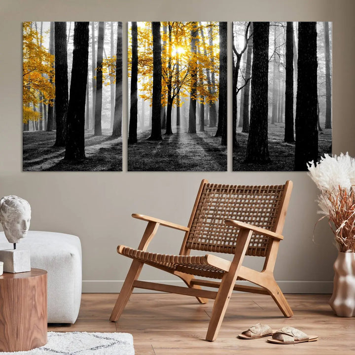 The living room features the "Nature Misty Foggy Autumn Forest" wall art on museum-quality canvas, highlighting the space with its captivating imagery.