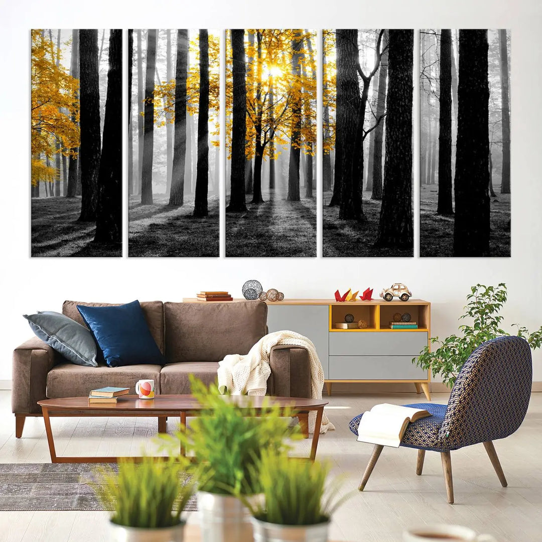 The living room features the "Nature Misty Foggy Autumn Forest" wall art on museum-quality canvas, highlighting the space with its captivating imagery.