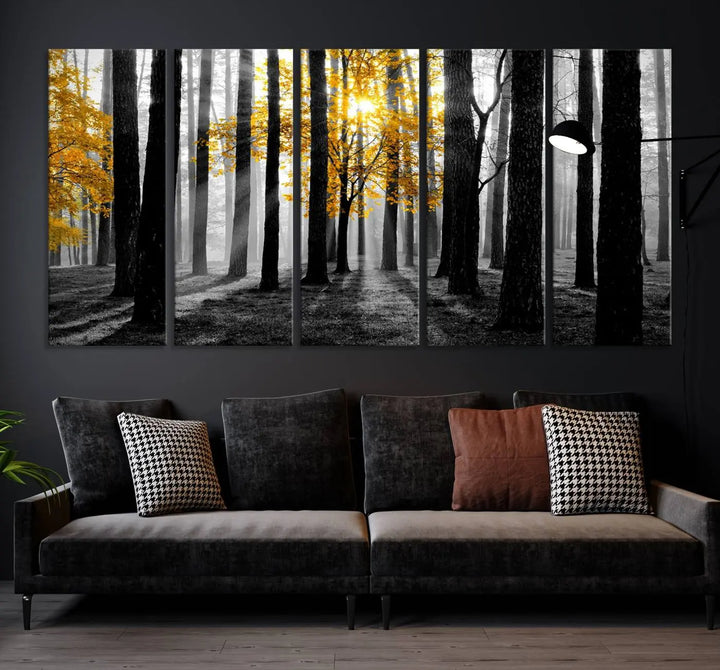 The living room features the "Nature Misty Foggy Autumn Forest" wall art on museum-quality canvas, highlighting the space with its captivating imagery.