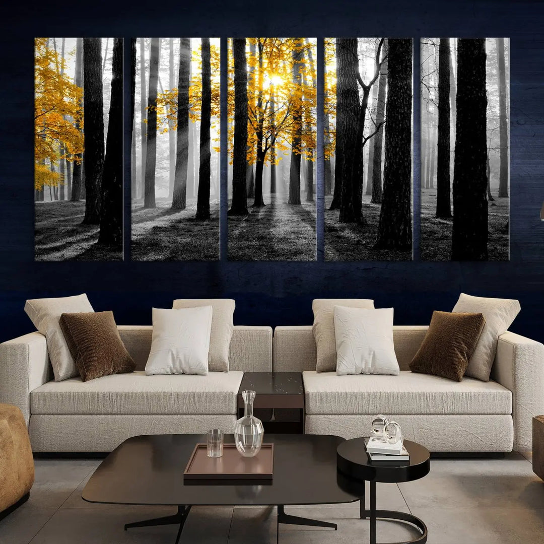 The living room features the "Nature Misty Foggy Autumn Forest" wall art on museum-quality canvas, highlighting the space with its captivating imagery.