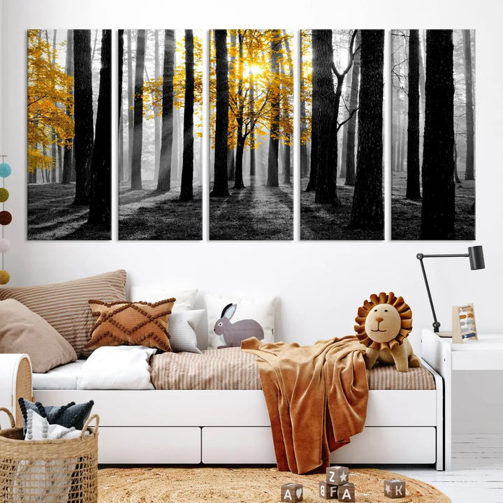 The living room features the "Nature Misty Foggy Autumn Forest" wall art on museum-quality canvas, highlighting the space with its captivating imagery.