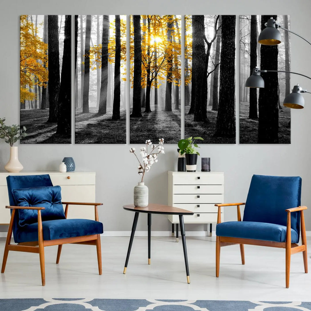 The living room features the "Nature Misty Foggy Autumn Forest" wall art on museum-quality canvas, highlighting the space with its captivating imagery.