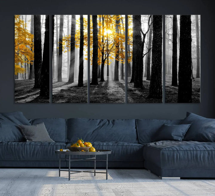 The living room features the "Nature Misty Foggy Autumn Forest" wall art on museum-quality canvas, highlighting the space with its captivating imagery.