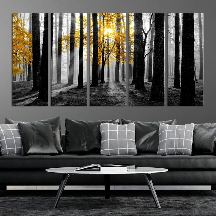 The living room features the "Nature Misty Foggy Autumn Forest" wall art on museum-quality canvas, highlighting the space with its captivating imagery.