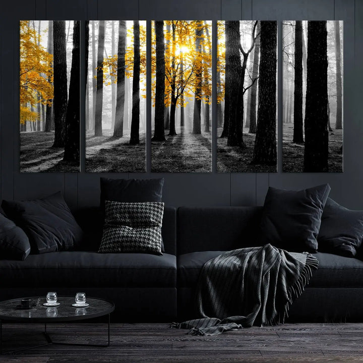 The living room features the "Nature Misty Foggy Autumn Forest" wall art on museum-quality canvas, highlighting the space with its captivating imagery.