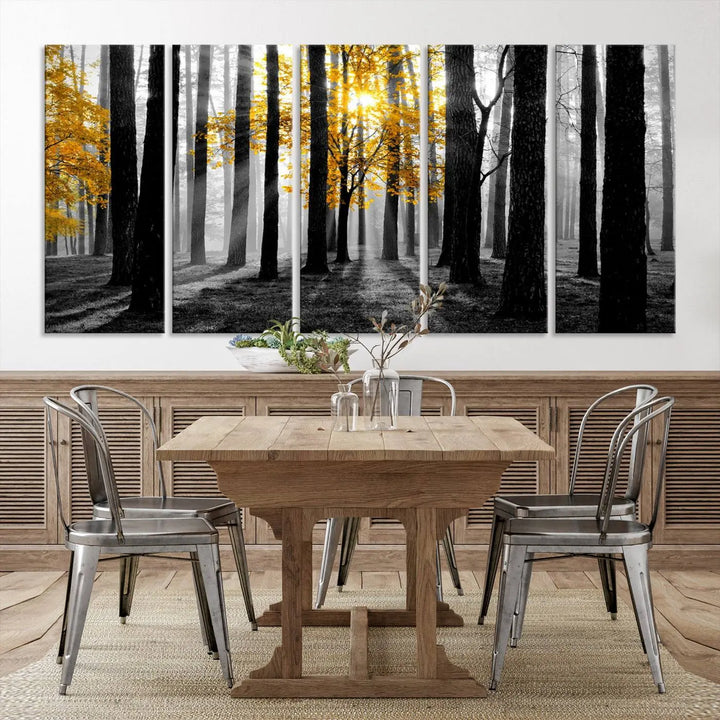 The living room features the "Nature Misty Foggy Autumn Forest" wall art on museum-quality canvas, highlighting the space with its captivating imagery.