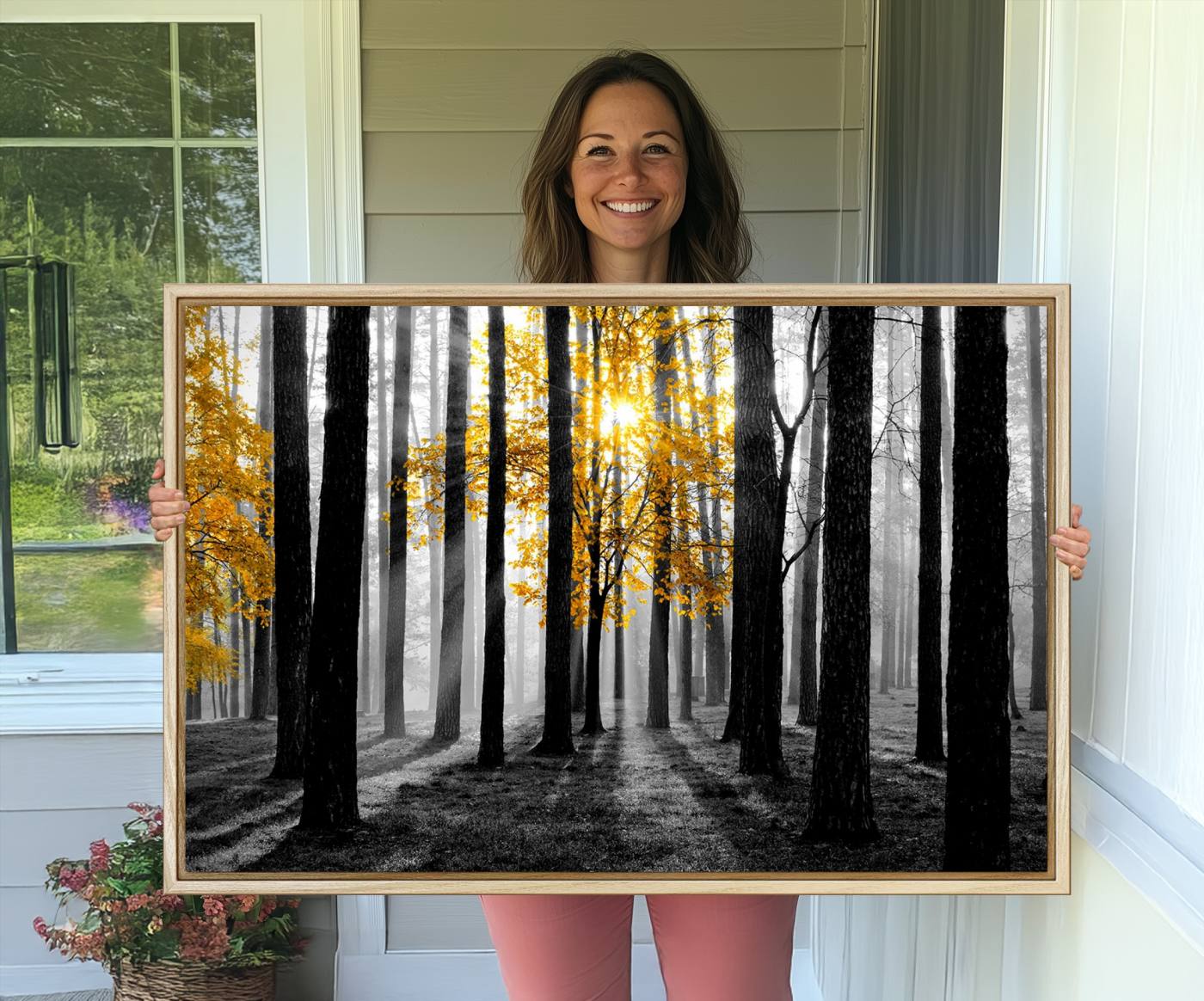 84355-MGV-CV-36X24-Nature Misty Foggy Autumn Forest Canvas Wall Art Print