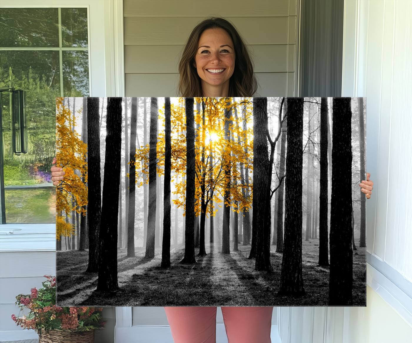 84355-MGV-CV-36X24-Nature Misty Foggy Autumn Forest Canvas Wall Art Print