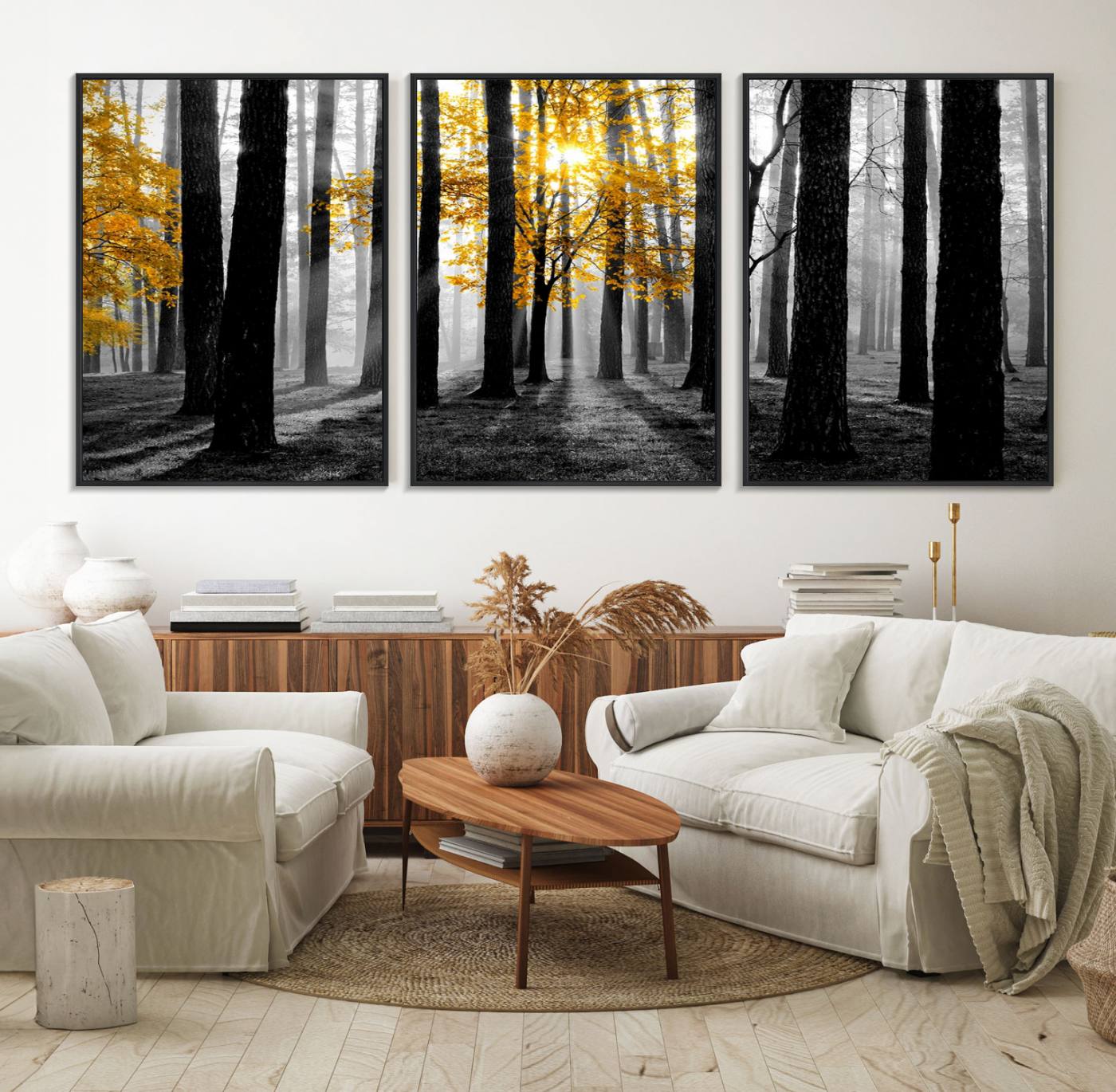 84355-MGV-FC-60X30-3P_Black-Nature Misty Foggy Autumn Forest Canvas Wall Art Print