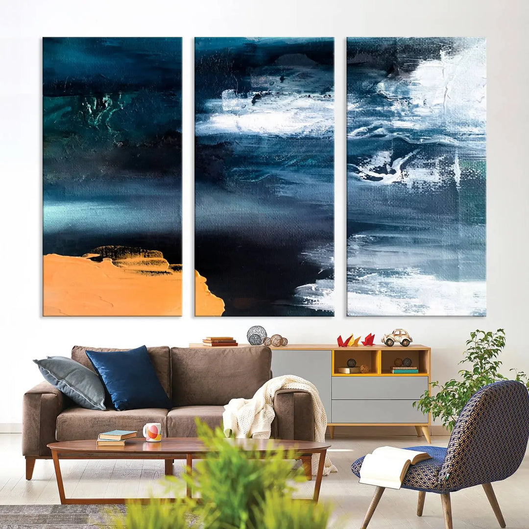 The stunning Nautical Abstract Ocean Canvas Wall Art Print in blue, white, and a touch of orange on museum-quality canvas.