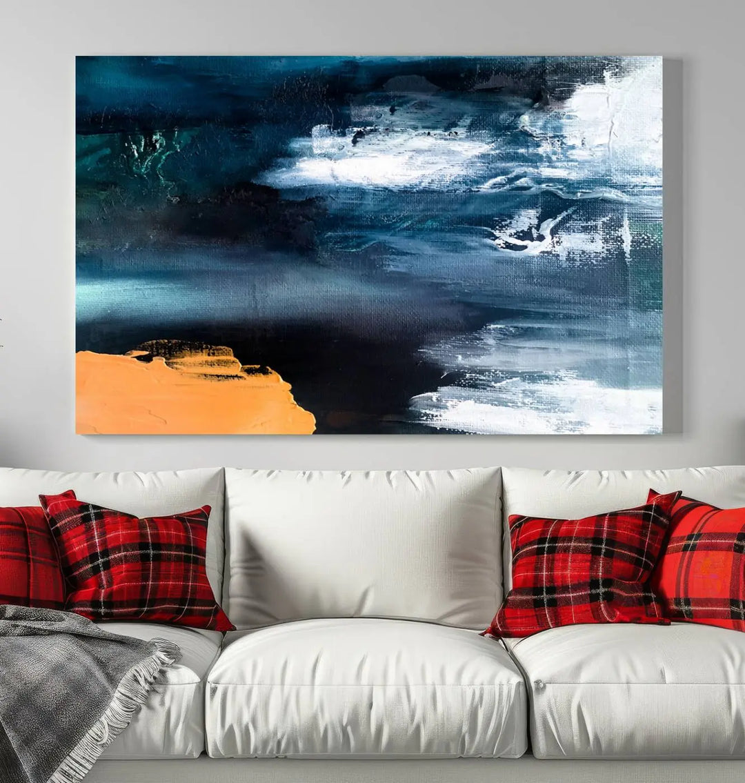 The stunning Nautical Abstract Ocean Canvas Wall Art Print in blue, white, and a touch of orange on museum-quality canvas.