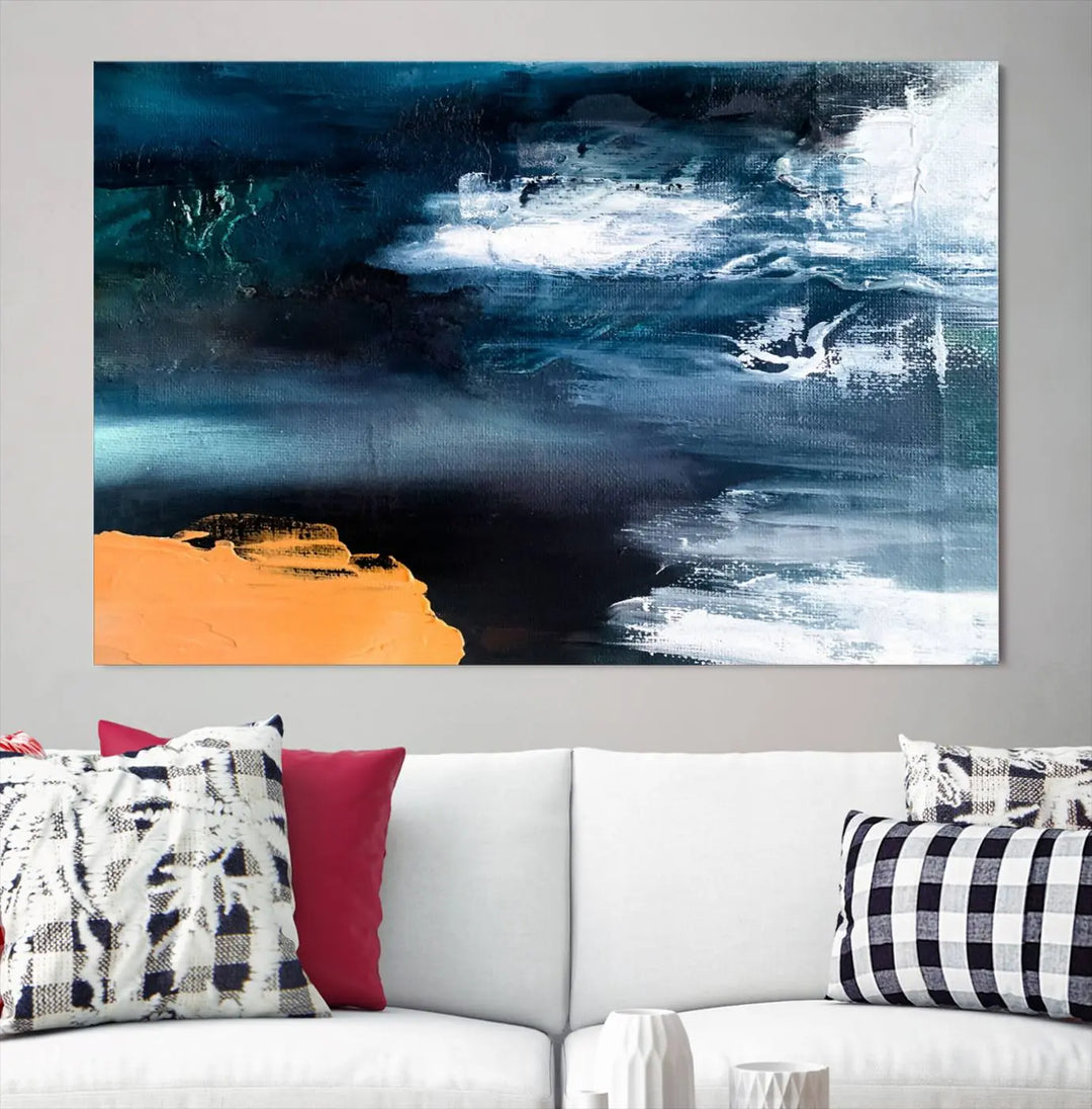 The stunning Nautical Abstract Ocean Canvas Wall Art Print in blue, white, and a touch of orange on museum-quality canvas.