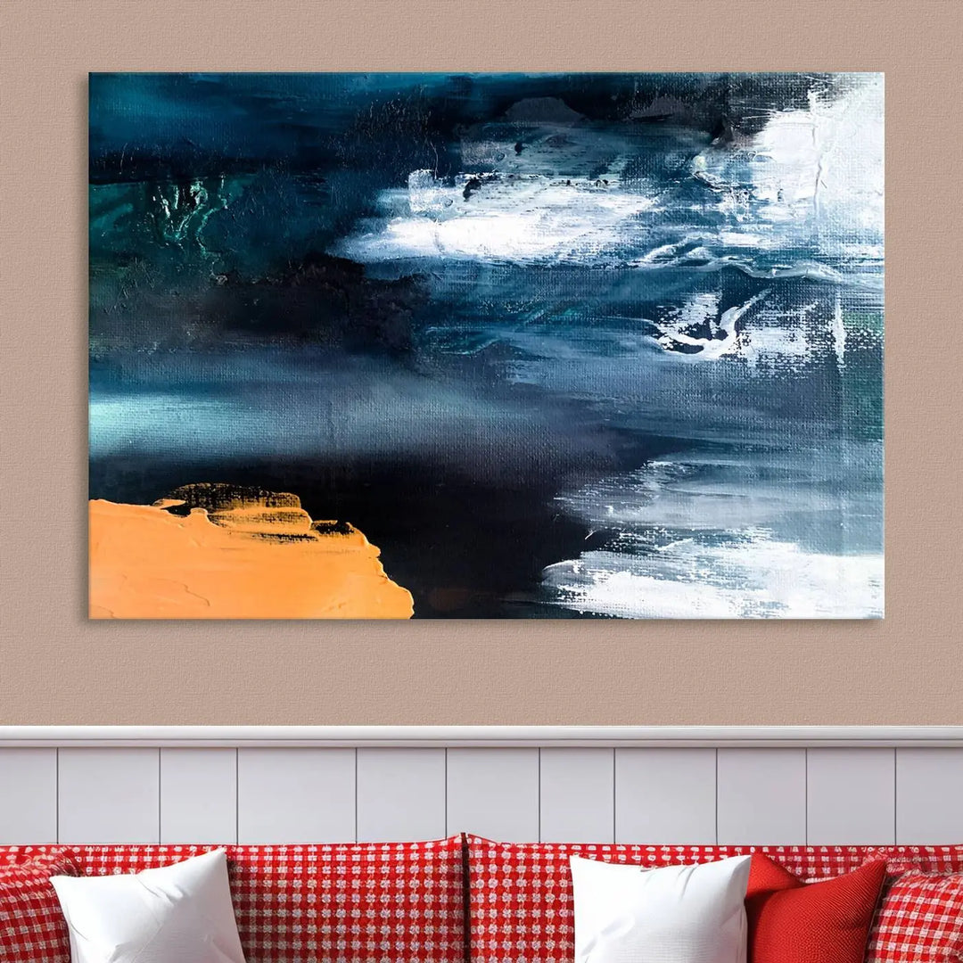 The stunning Nautical Abstract Ocean Canvas Wall Art Print in blue, white, and a touch of orange on museum-quality canvas.