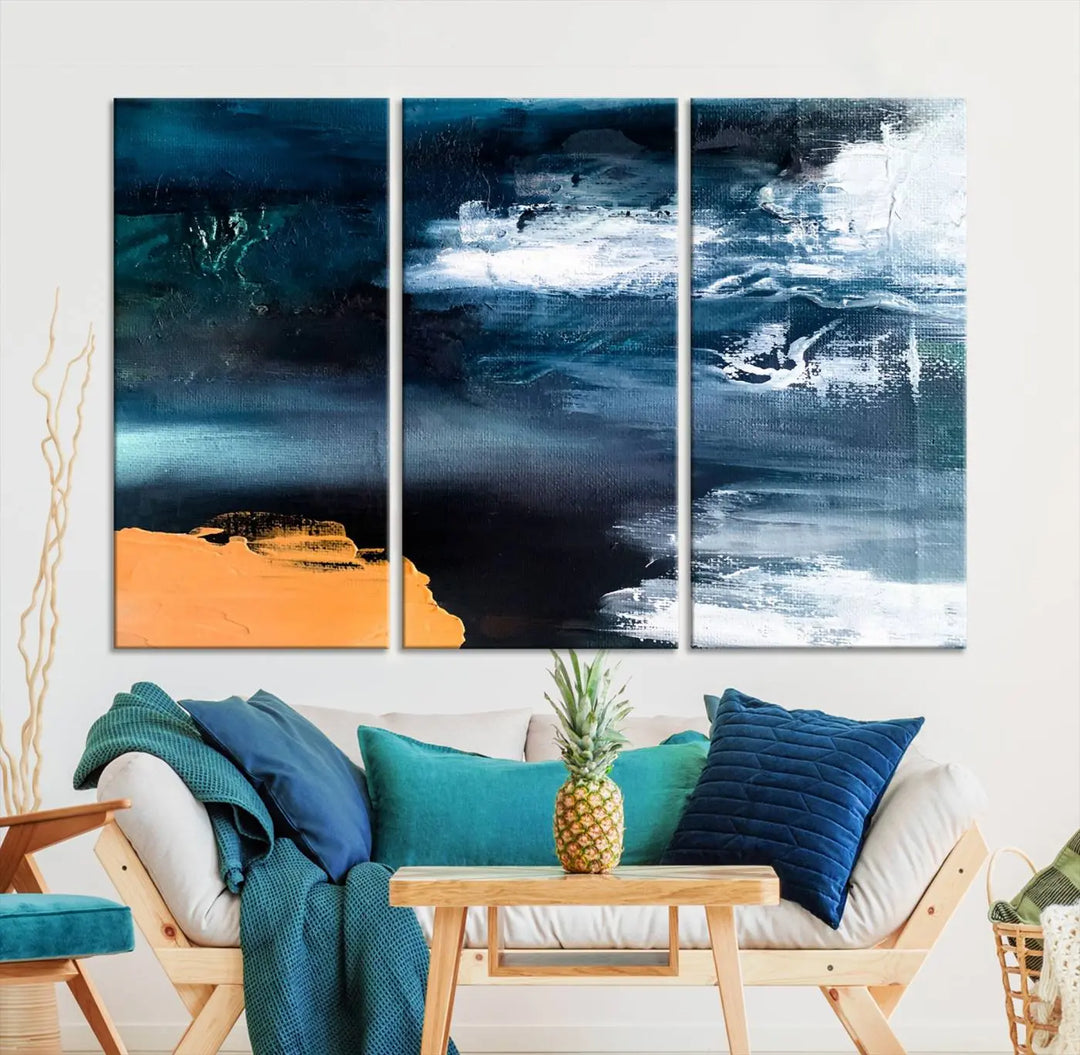 The stunning Nautical Abstract Ocean Canvas Wall Art Print in blue, white, and a touch of orange on museum-quality canvas.