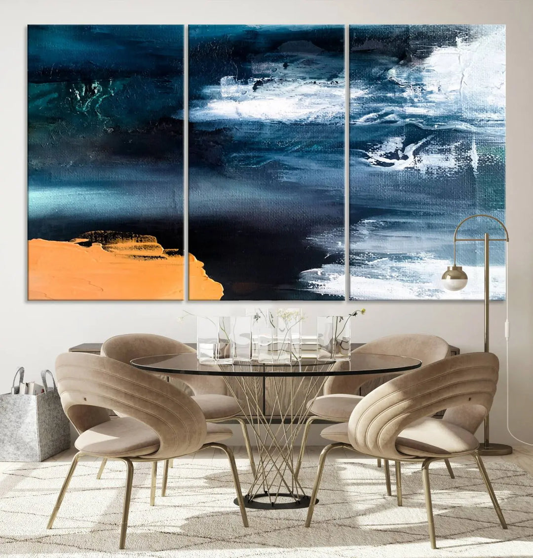 The stunning Nautical Abstract Ocean Canvas Wall Art Print in blue, white, and a touch of orange on museum-quality canvas.