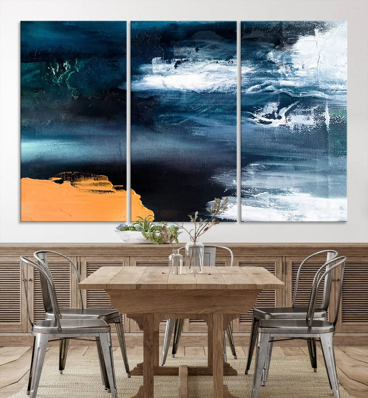 The stunning Nautical Abstract Ocean Canvas Wall Art Print in blue, white, and a touch of orange on museum-quality canvas.