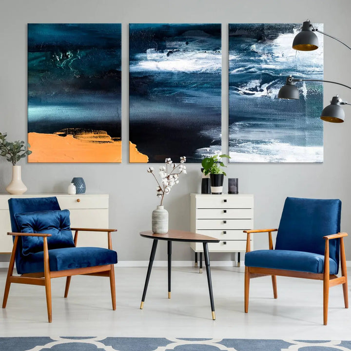 The stunning Nautical Abstract Ocean Canvas Wall Art Print in blue, white, and a touch of orange on museum-quality canvas.