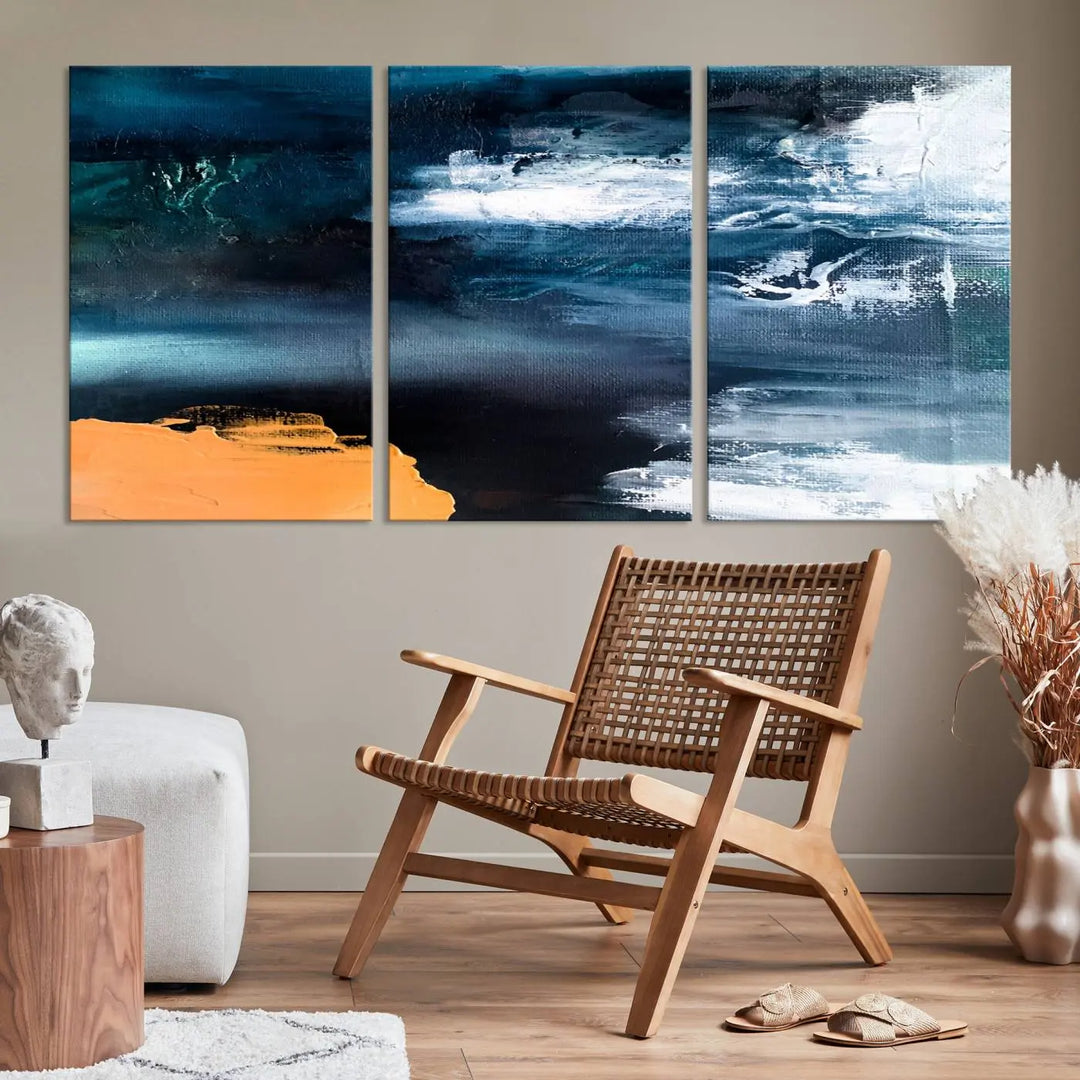 The stunning Nautical Abstract Ocean Canvas Wall Art Print in blue, white, and a touch of orange on museum-quality canvas.