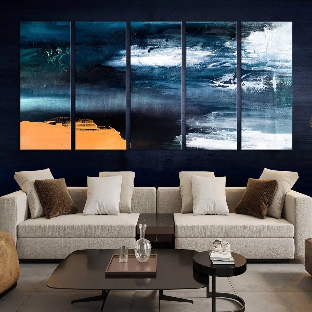 The stunning Nautical Abstract Ocean Canvas Wall Art Print in blue, white, and a touch of orange on museum-quality canvas.