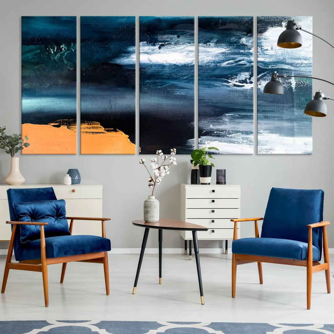 The stunning Nautical Abstract Ocean Canvas Wall Art Print in blue, white, and a touch of orange on museum-quality canvas.