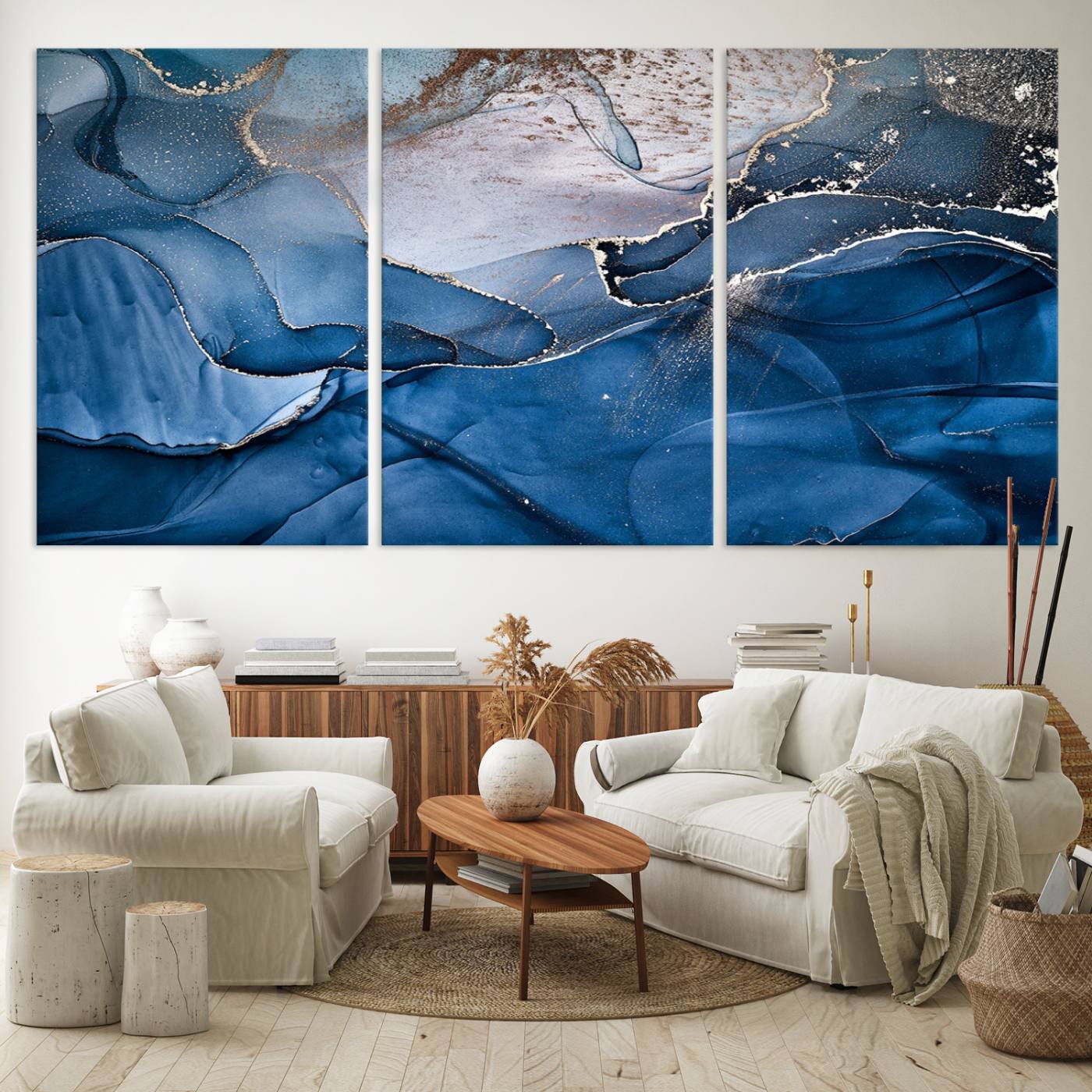 27810-MGV-CV-36X24-Navy Blue Canvas Art Abstract Print – Elegant Triptych Modern Art Print – Contemporary Decor for Living Room or Office – Ready to Hang