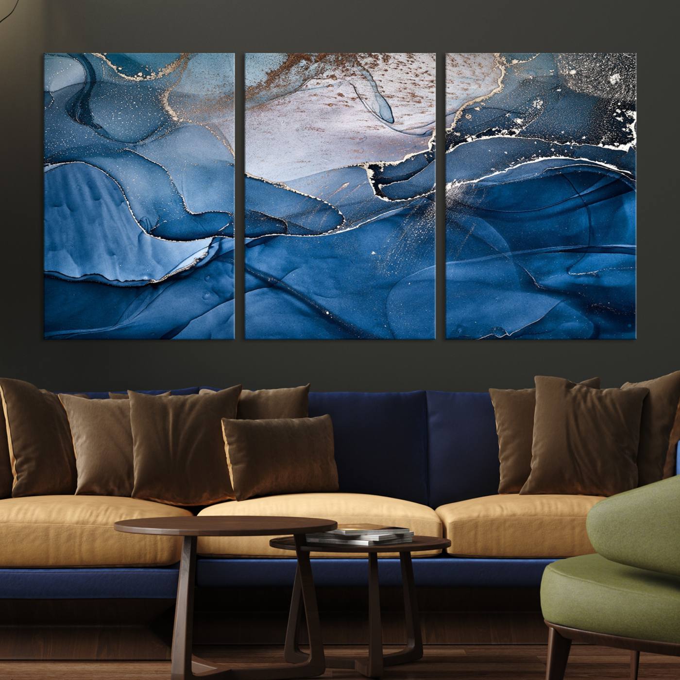 27810-MGV-CV-36X24-Navy Blue Canvas Art Abstract Print – Elegant Triptych Modern Art Print – Contemporary Decor for Living Room or Office – Ready to Hang
