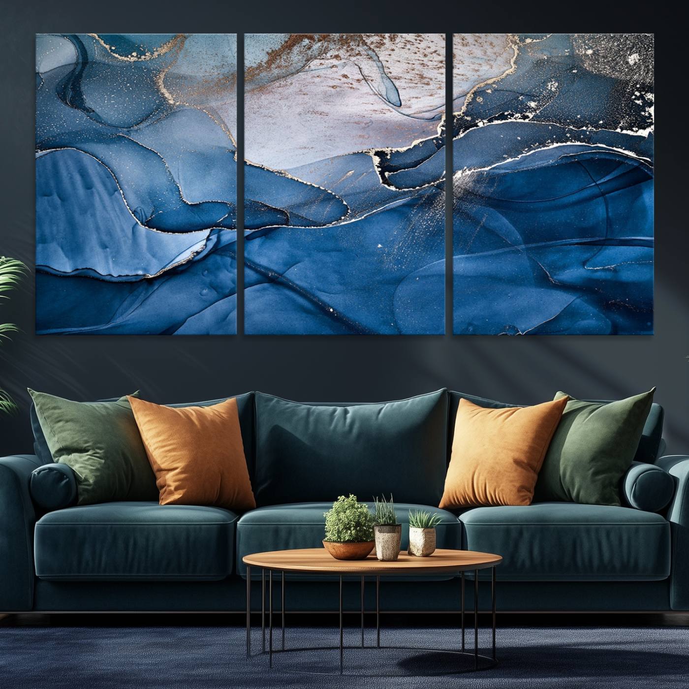 27810-MGV-CV-36X24-Navy Blue Canvas Art Abstract Print – Elegant Triptych Modern Art Print – Contemporary Decor for Living Room or Office – Ready to Hang