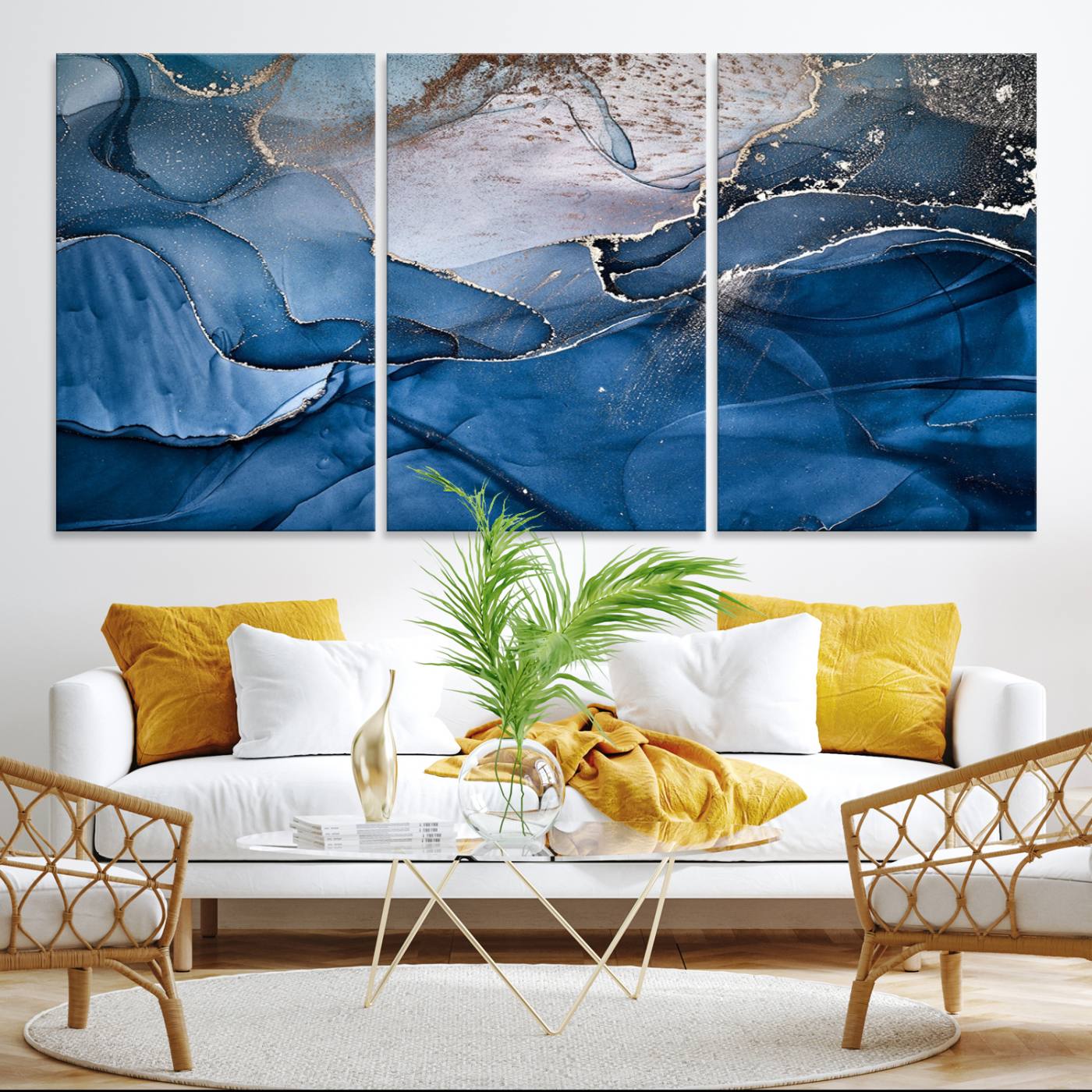 27810-MGV-CV-36X24-Navy Blue Canvas Art Abstract Print – Elegant Triptych Modern Art Print – Contemporary Decor for Living Room or Office – Ready to Hang